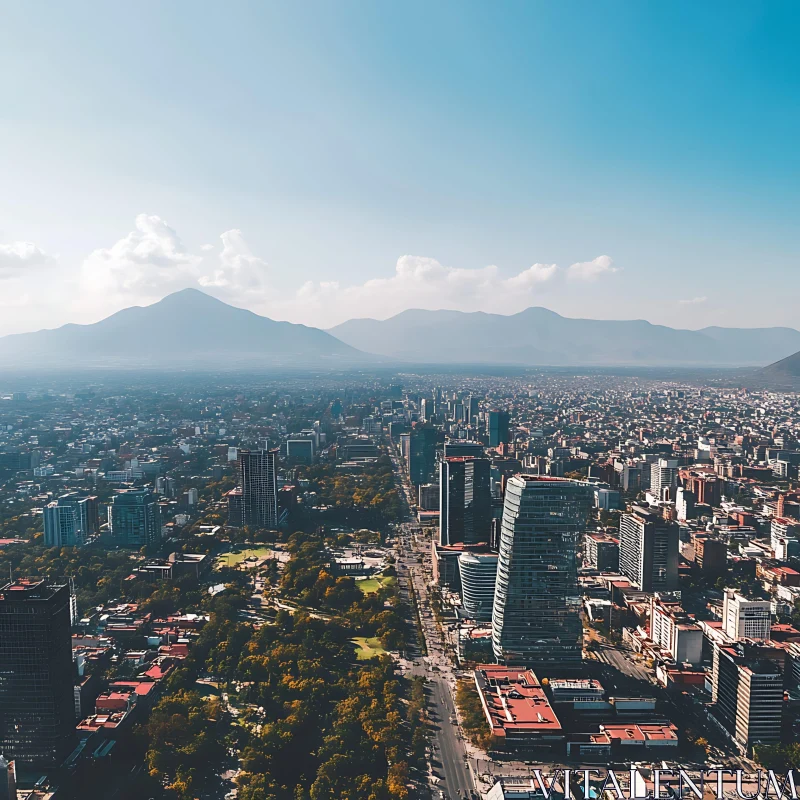 Urban Landscape with Skyscrapers and Mountain Range AI Image