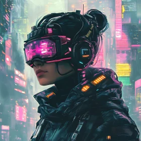 Cyberpunk Themed Woman with High-Tech Headset