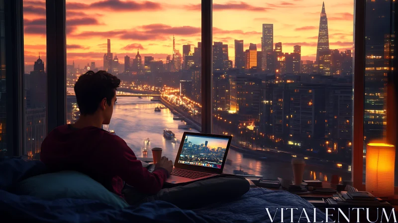 Urban Evening: A Man's Serene Workspace with Cityscape View AI Image