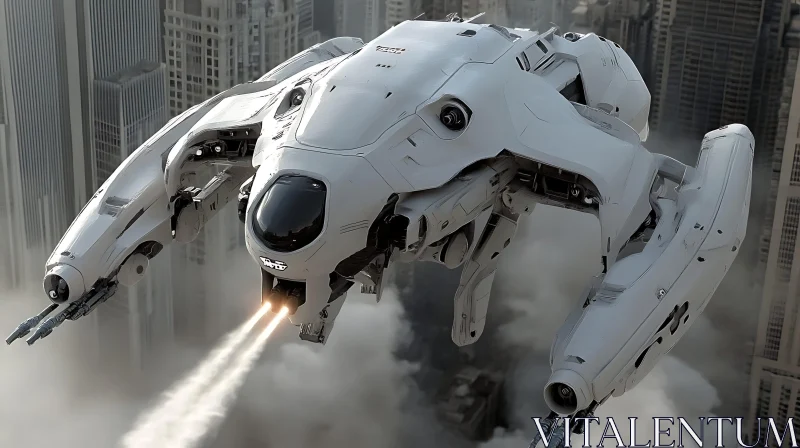 Sleek White Futuristic Spacecraft Above City AI Image