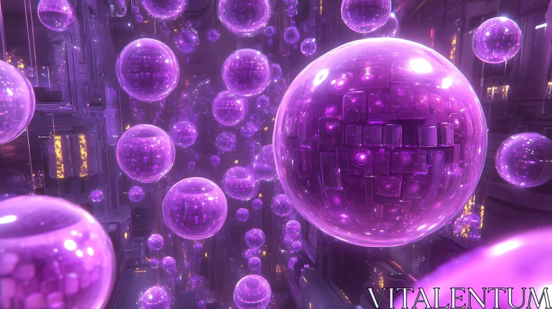 Purple Spheres in a Futuristic Neon Environment AI Image