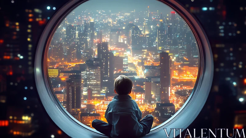 Night View of City from Circular Window with Child AI Image