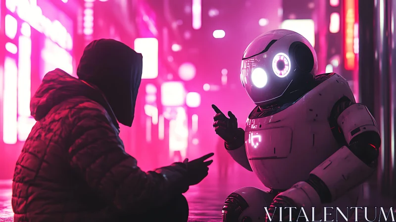 Futuristic Robot Interaction in Urban Neon Glow AI Image