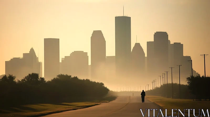 AI ART Misty Morning Walk Towards City Skyline