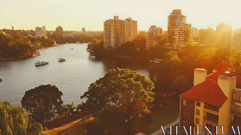 Urban River Scene at Dusk AI Image