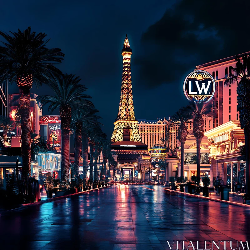 Las Vegas Nightscape with Eiffel Tower AI Image