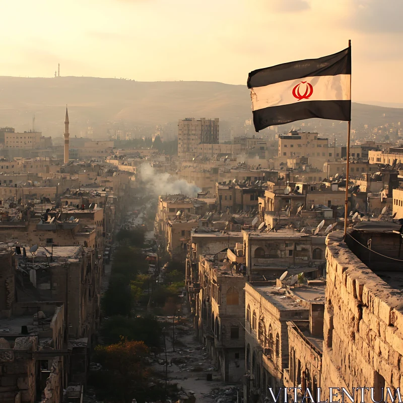 Flag Overlooking City at Sunset AI Image