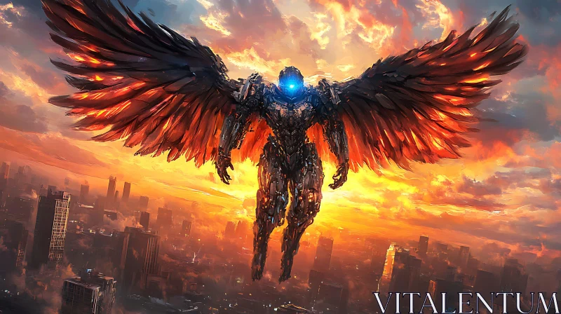 AI ART Cybernetic Angel Soaring Above a Sunset Cityscape