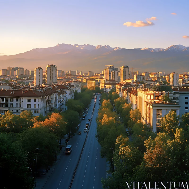 City Skyline During Golden Hour with Mountain View AI Image