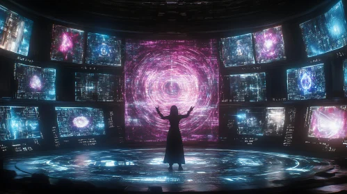 Cyber Control Room with Holographic Vortex