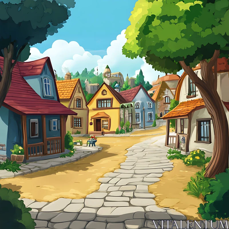 AI ART Idyllic Village Pathway with Vibrant Homes