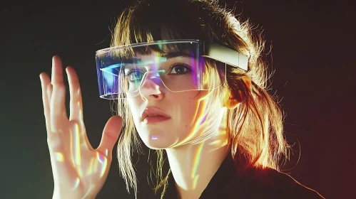 Virtual Reality Glasses and Light Reflections on Woman's Face