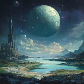 Sci-fi Fantasy Landscape with Alien Planet and High-Tech City