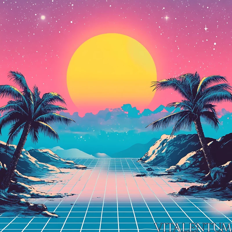 AI ART Retro Futuristic Beach Scene with Palms and Bright Sun