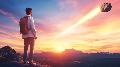 Hiker and Meteor in Sunset Over Mountains