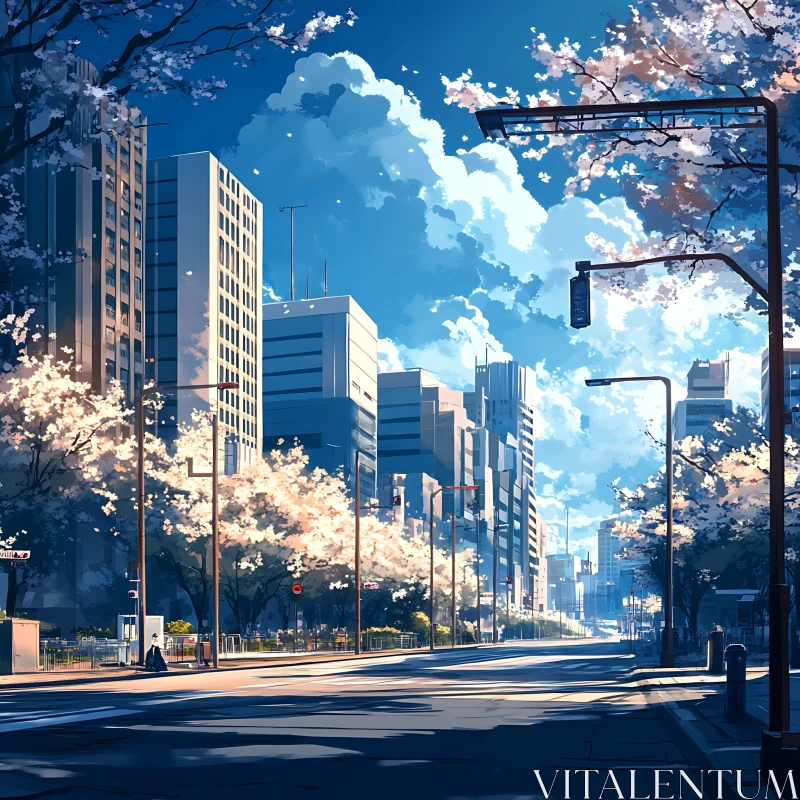 Cityscape with Cherry Blossoms and Blue Sky AI Image