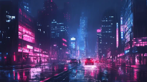 Neon-lit Urban Rainy Night