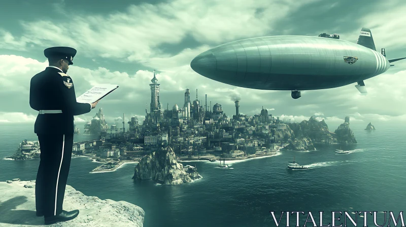 Island City with Airship and Officer AI Image