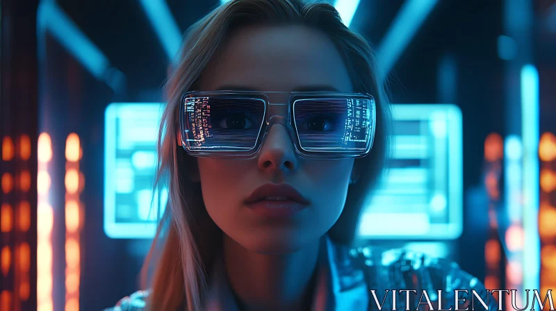 Cyberpunk Woman with Advanced Glasses in Neon Setting AI Image