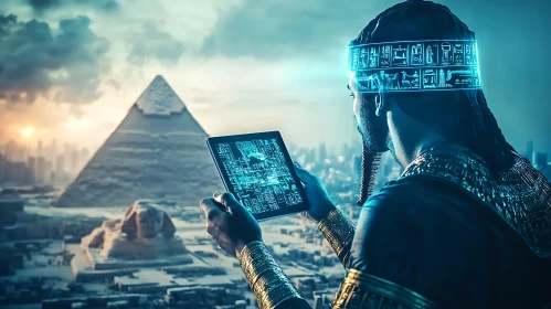 Futuristic Pharaoh with Tablet Near Pyramids