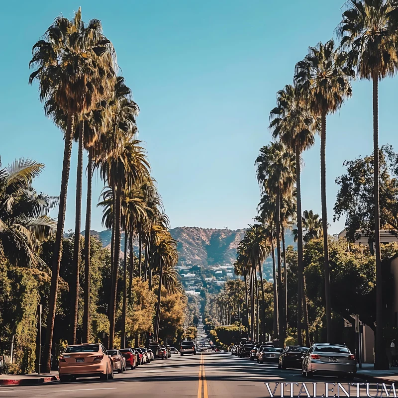 AI ART Urban Street with Palm Trees and Mountain Landscape