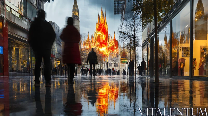 Urban Evening with Silhouetted Figures and Illuminated Cathedral AI Image