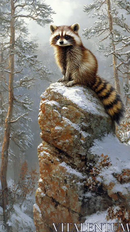 AI ART Raccoon Amid Snowy Pines