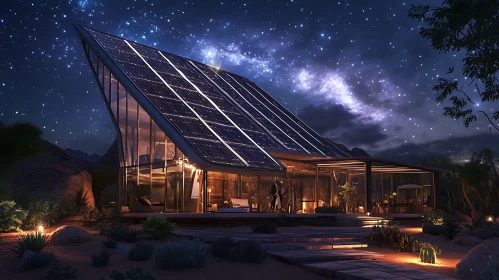 Contemporary Home with Solar Panels and Starry Backdrop