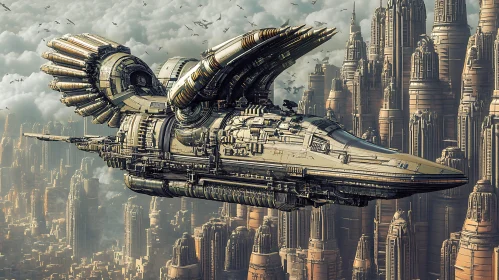 Advanced Spaceship Above a Detailed Future City