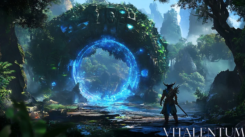 Fantasy Adventurer in Lush Forest with Glowing Portal