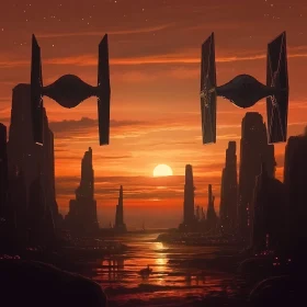 Sci-Fi Sunset: Spacecrafts Over a Futuristic City