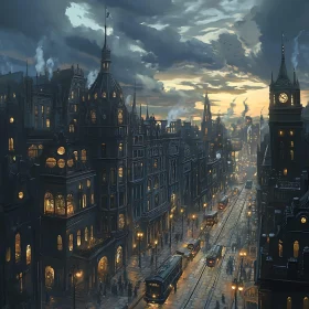 Twilight in a Bustling City with Intricate Architecture