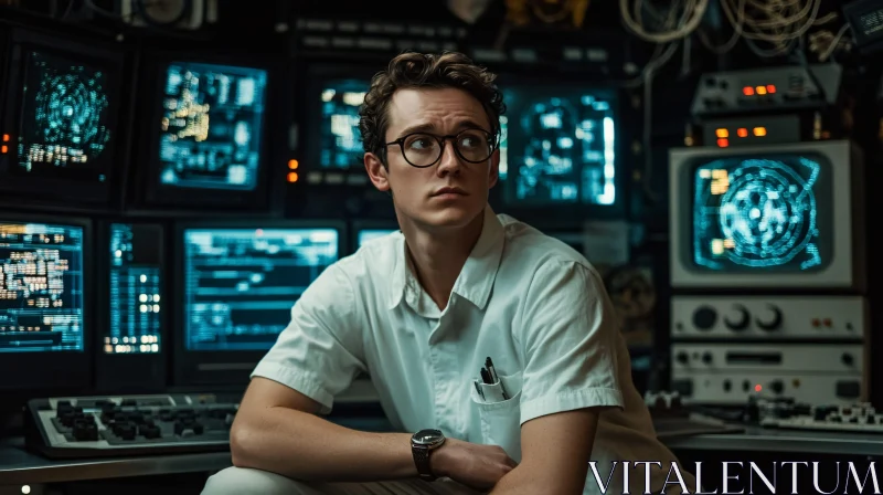 Technician Surrounded by Data Screens in a Control Room