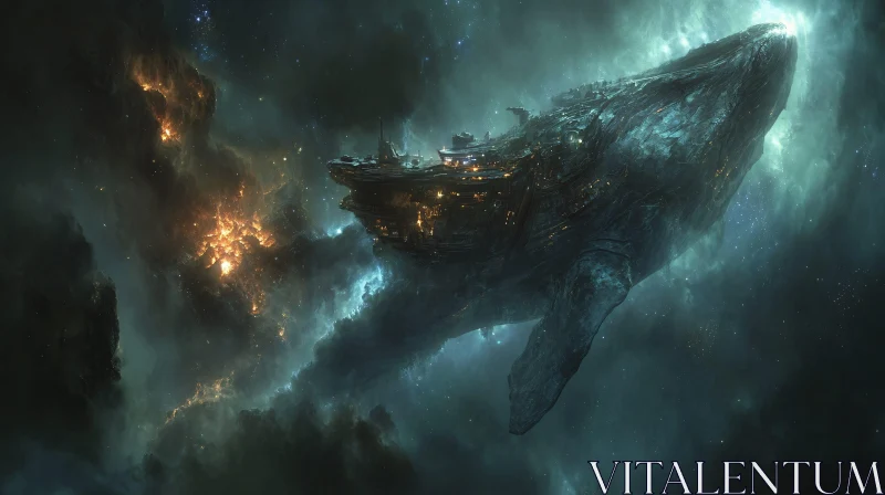 Celestial Whale Spacecraft in a Star-Filled Nebula