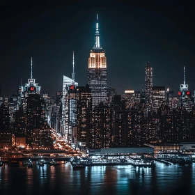 Nighttime Cityscape with Lit Skyscrapers Reflected in Water