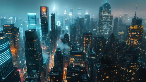 Nocturnal Urban Landscape with Skyscrapers and Lights