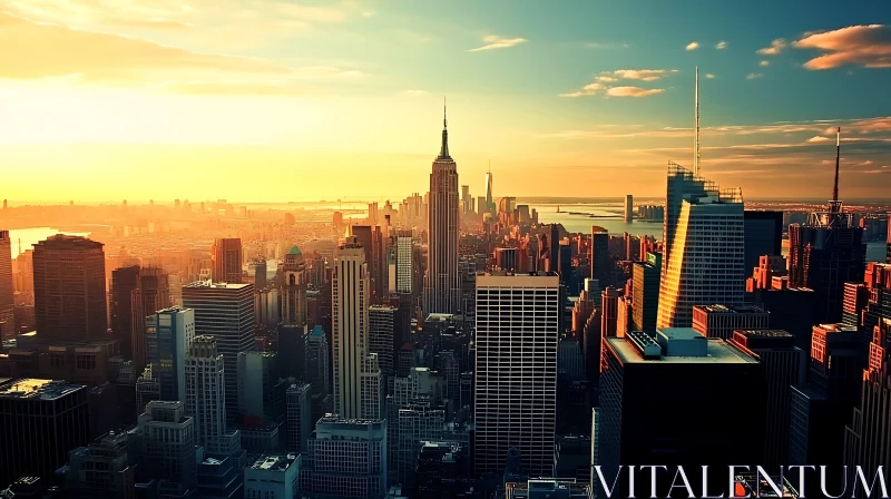 Cityscape with Golden Sunset and High-Rise Buildings