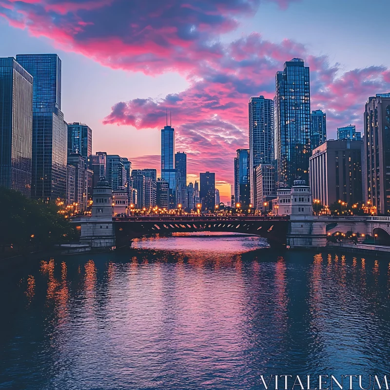Urban Sunset: River and Bridge Under a Colorful Evening Sky