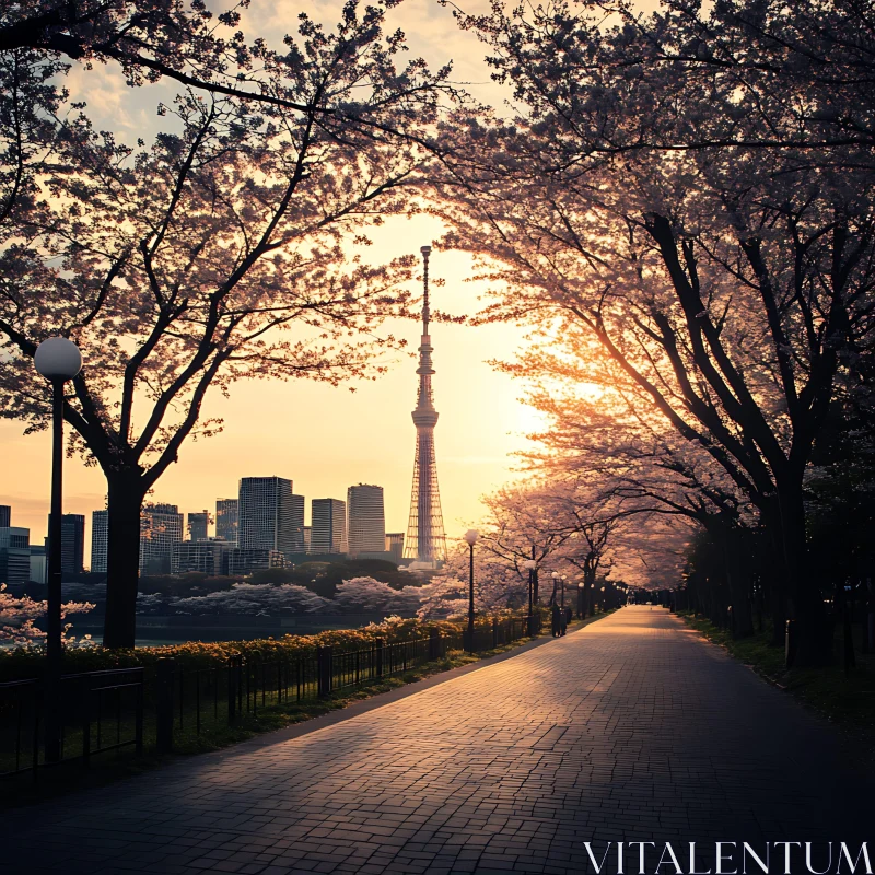 Cherry Blossoms and City Skyline at Dusk