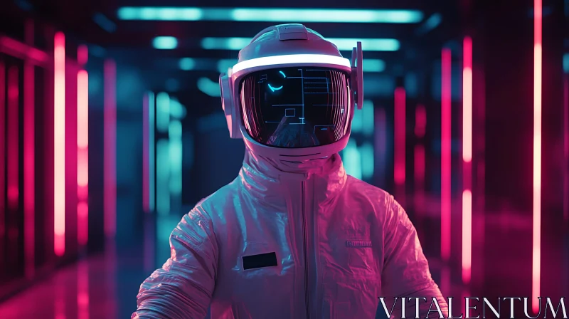 Astronaut in Technological Neon Corridor