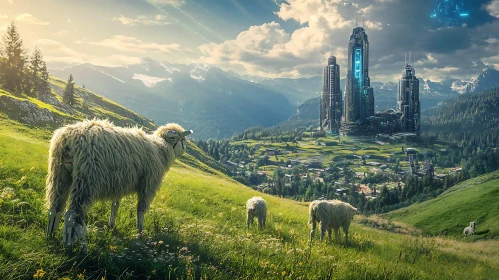 Cyborg Sheep Grazing in a Stunning Futuristic Landscape