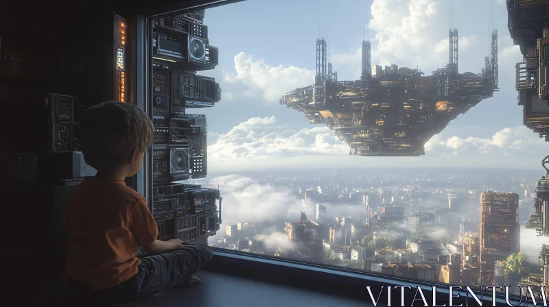 Boy Watching Advanced City from Window AI Image