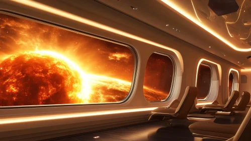 Spacecraft Interior Overlooking Fiery Sun