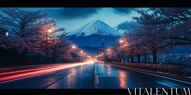 City Road at Night with Mountain and Blossoms AI Image