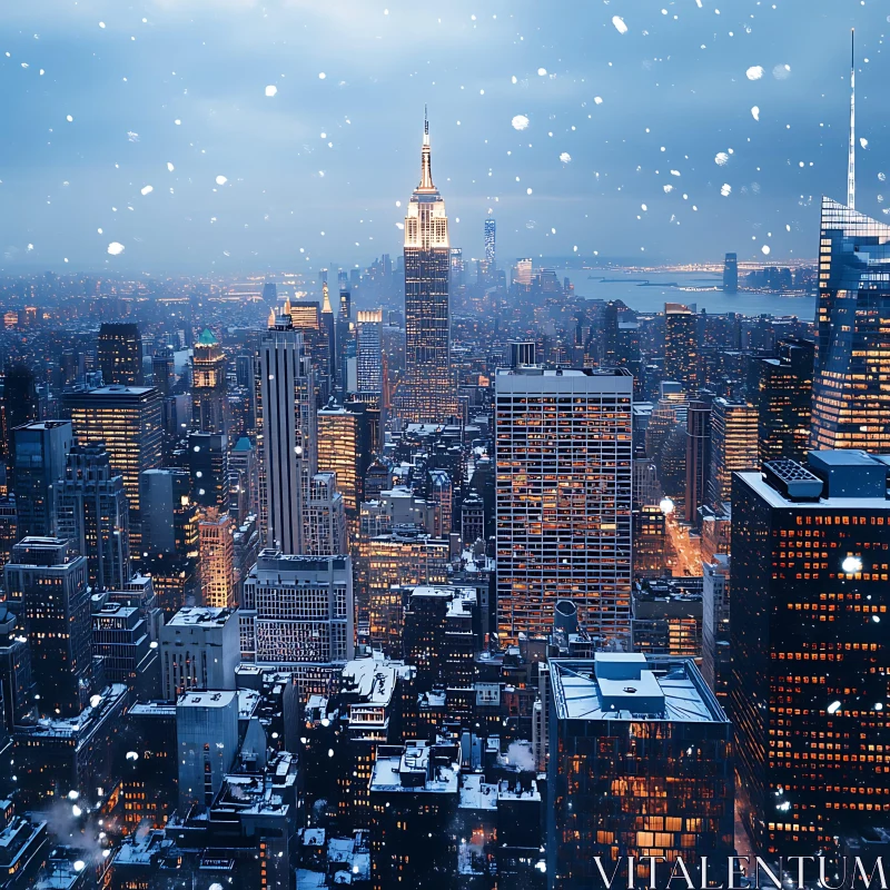 Snow-Covered Urban Skyline at Twilight AI Image