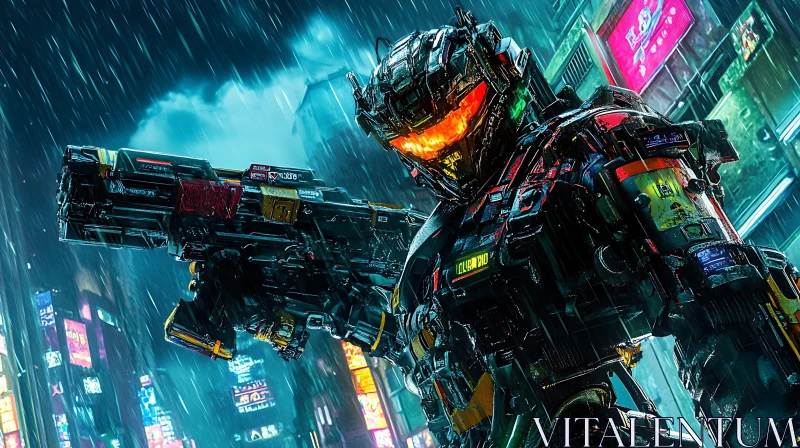 Cyborg Warrior in Rainy City AI Image