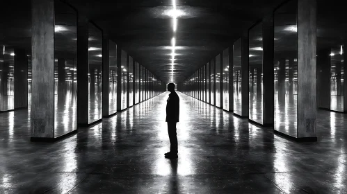 Endless Reflected Corridor with Silhouetted Figure