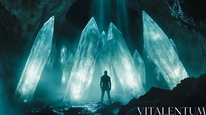 Silhouetted Figure in an Illuminated Crystal Cave AI Image