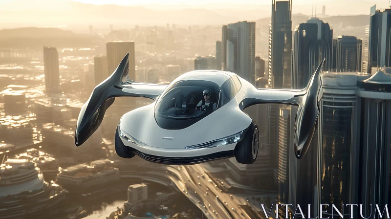 Sleek Flying Car in Golden Dusk Cityscape AI Image