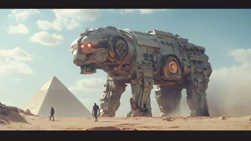 Giant Robot in Desert Near Pyramids